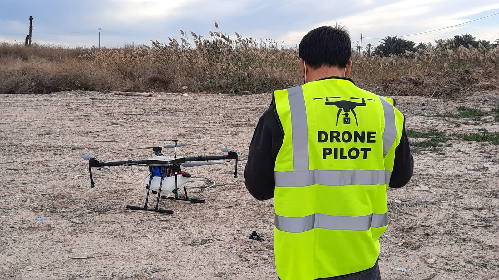 Técnico aplicador de CTL con dron aéreo